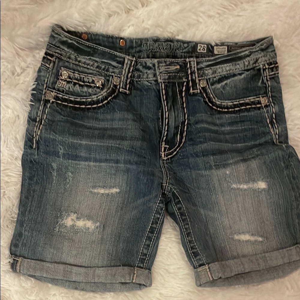 Miss Me Blue Jean Shorts with Distressing and Rolled Cuffs